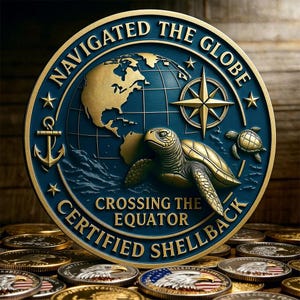 May include: A round, blue and gold medallion with the words "NAVIGATED THE GLOBE" and "CERTIFIED SHELLBACK". The design includes a globe, compass rose, anchor, and sea turtles. A collection of coins is in the foreground.