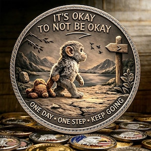 May include: A silver coin featuring a cartoon monkey and teddy bear, with the text "IT'S OKAY TO NOT BE OKAY". The coin also has the words "ONE DAY • ONE STEP • KEEP GOING" around the edge. Other coins are visible in the background.