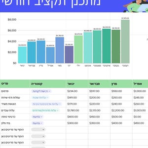 May include: A financial planning chart with a blue and green color scheme. The chart displays monthly budget data, including expenses and categories. The title is in Hebrew. The chart includes a bar graph and a table.