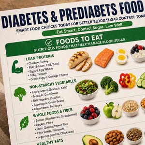 May include: A white informational chart titled DIABETES & PREDIABETES FOOD LIST with the subtitle SMART FOOD CHOICES TODAY FOR BETTER BLOOD SUGAR CONTROL TOMORROW. It features categories like LEAN PROTEINS, NON-STARCHY VEGETABLES, and WHOLE FOODS & FIBER with corresponding food illustrations and text lists.