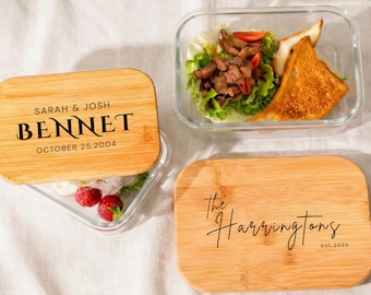 Recipiente de vidrio grabado a medida con tapa de bambú, tarro de cocina con nombre personalizado, regalo de cocina personalizado, tarro de cocina personalizado, regalo de boda