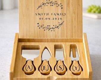 Set di utensili per formaggio personalizzato, set di utensili per formaggio in bambù inciso, regalo di nozze personalizzato, personalizzato, tagliere per salumi personalizzato,