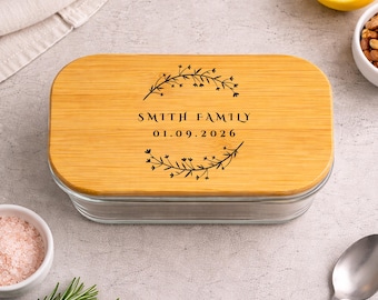 Custom Engraved Glass Container Bamboo Lid, Personalized Kitchen Food Storage, Wedding Gift