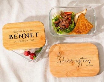 Custom Engraved Glass Container with Bamboo Lid, Custom Name Kitchen Jar, Custom Kitchen Gift, Personalized Food Storage Box, Wedding Gift