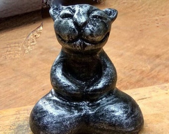 BUDDHA CAT Sculpture Black Ebony Silver Zen Fantasy Yoga Meditation KittyTotem Fetish AnimalArt Statue TripleGoddess WiccaPussycat Moon Gift