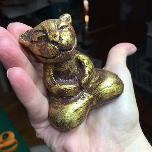 Buddha Cat Sculpture Brown Cat Zen Kitty Yoga Meditation Totem Fetish Gilded Cat Statue Witch Altar Dark Moon Feline Familiar