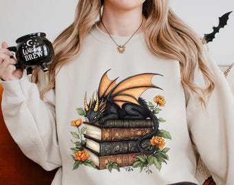 Floral Bookworm Dragon Sweatshirt, Fantasy Reader Hoodie, Book Lover, Dragon Book Hoodie, Reading Club Bookish Crewneck, 484614