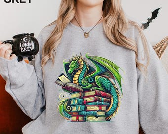Dragon Reading Book Sweatshirt, Fantasy Bookish Crewneck, Dragon Lover, Bookworm Dragon, 484610