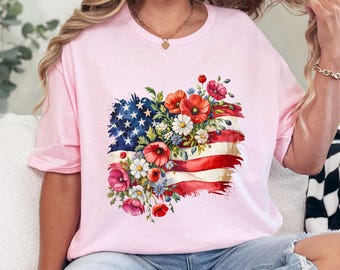 Floral American Flag Shirt, 4th Of July Women Shirt, Patriotic Shirt For Women, Independence Day Shirt, Fourth Of July USA, 485092