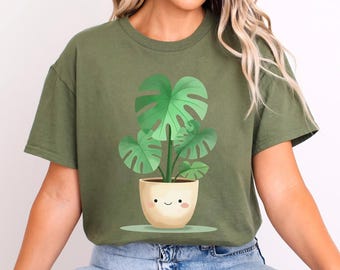 Cute Monstera Plant T-Shirt, Kawaii Plant Lover Tee, Funny Houseplant, Botanical Graphic Tee, Green Plant Aesthetic, 485242