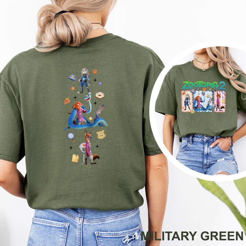 May include: Military green t-shirt with a vibrant graphic from "Zootopia 2". The design showcases characters such as Judy Hopps and Nick Wilde. This casual t-shirt is suitable for everyday wear.