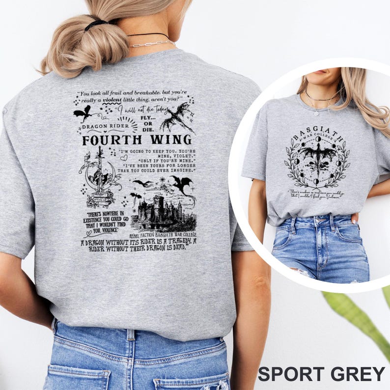 May include: Sport grey t-shirts with black graphic designs. One shirt features text and illustrations related to "Fourth Wing" and "Dragon Rider." The other shirt displays a circular design with the text "Basgiath War College."
