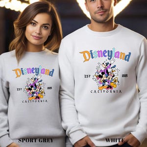 Puede incluir: Sudaderas grises deportivas y blancas con el logotipo de Disneyland y varios personajes de dibujos animados. Las sudaderas tienen el texto "EST 2025 CALIFORNIA". El logotipo de Disneyland es naranja, morado y azul.