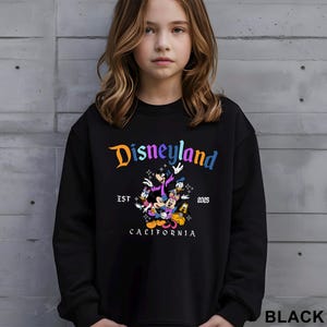 Puede incluir: Sudadera negra con el logotipo de Disneyland en degradado de colores. El dise&ntilde;o incluye personajes de dibujos animados y el texto "EST 2025 CALIFORNIA". La sudadera es de cuello redondo.