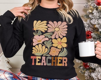 Flower Faux Glitter Teacher Sweatshirt, Retro Teacher Life Hoodie, Floral Teacher, Boho Back To School Crewneck, 483464