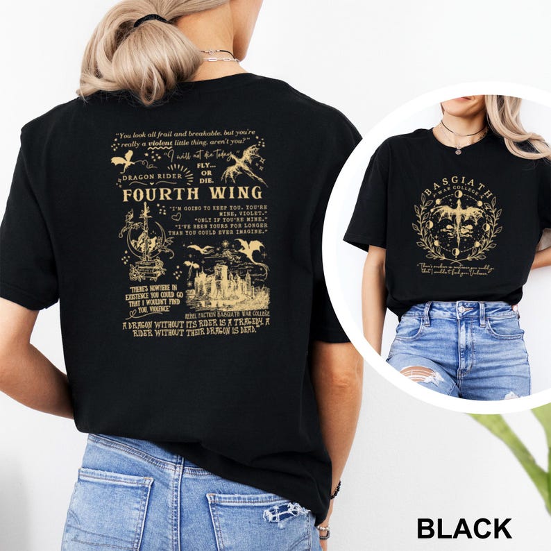 May include: Black t-shirts with gold text and graphics. One shirt features "FOURTH WING" with dragon and text details. The other shirt displays "BASGIATHA" with a dragon and moon phases. Both shirts have additional text.