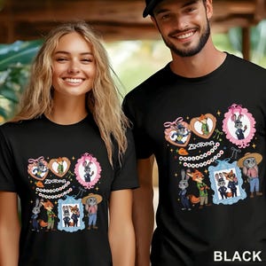 Puede incluir: Una camiseta negra con un estampado gr&aacute;fico de los personajes de Zootopia, incluyendo a Judy Hopps y Nick Wilde. El dise&ntilde;o incluye varios retratos enmarcados, peque&ntilde;as estrellas y el texto Zootopia Welcome to Zootopia en una fuente colorida.