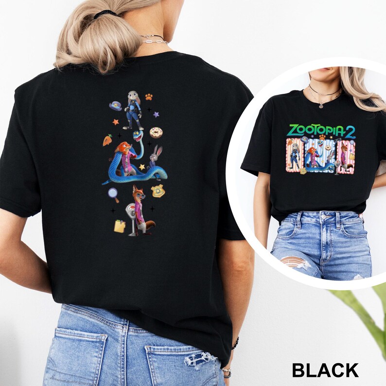 May include: Black t-shirt with a Zootopia 2 movie graphic. The front displays the title and characters, while the back has a vertical design with characters and icons. A fun, colourful design.