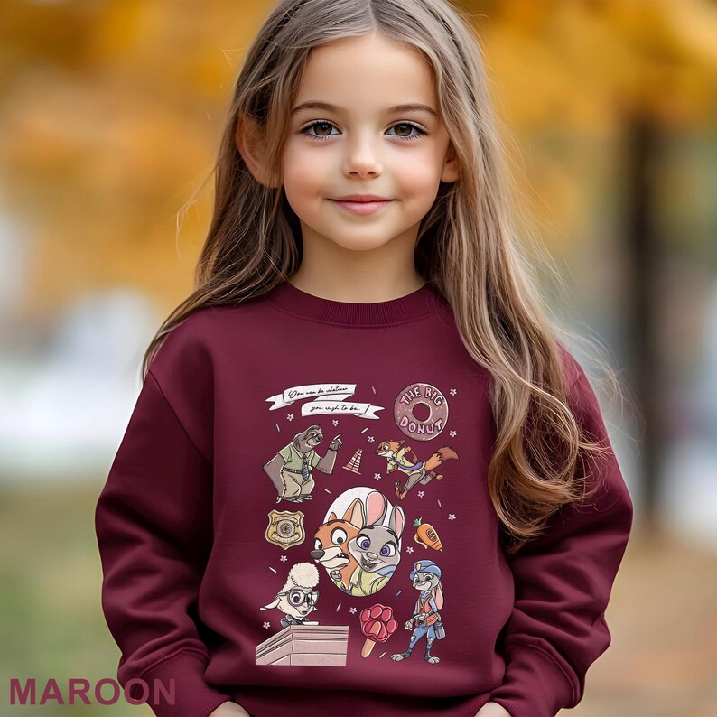 May include: Maroon sweatshirt featuring cartoon characters and the text "You can be anything you wish to be" and "The Big Donut". The design includes a sloth, fox, bunny, and other characters. The word "MAROON" is at the bottom.