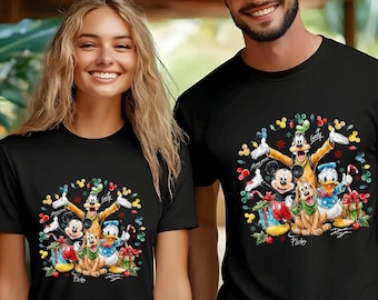 Retro Disney Christmas Lights Shirt, Disney Christmas Mickey Donald Goofy Shirt, Mickey And Friends Signature Christmas Shirt 484170
