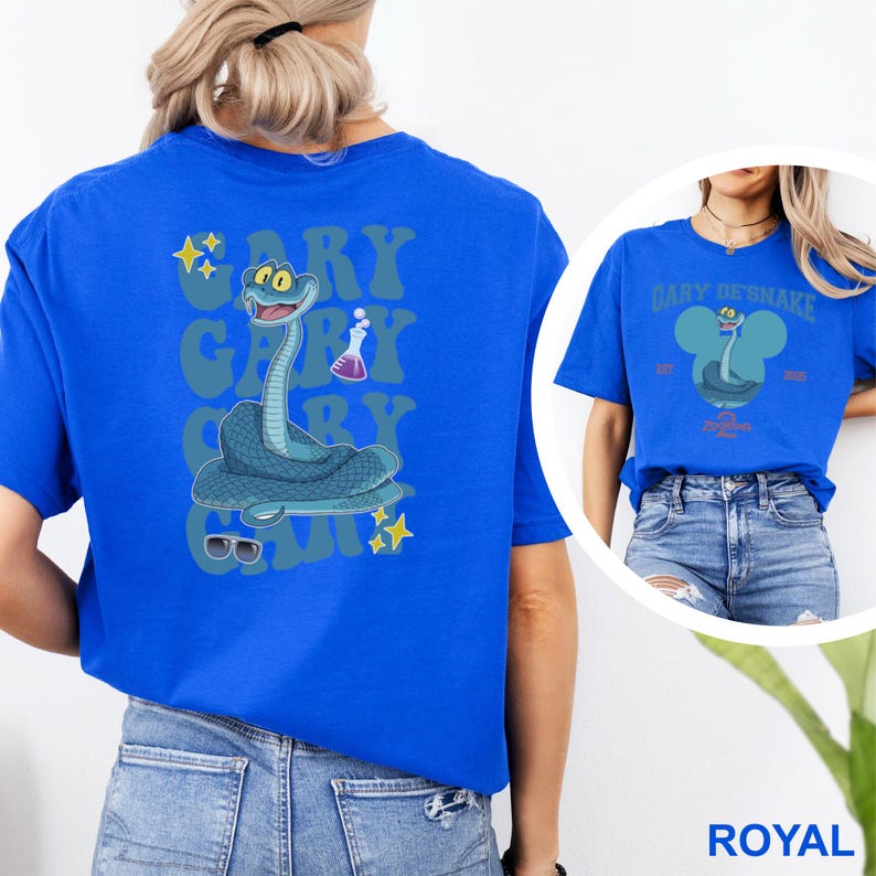 May include: Royal blue t-shirt featuring a cartoon snake design with the text "Gary the Snake". The snake is blue with a smiling face, sunglasses, and a beaker. The design is repeated on the back of the shirt.