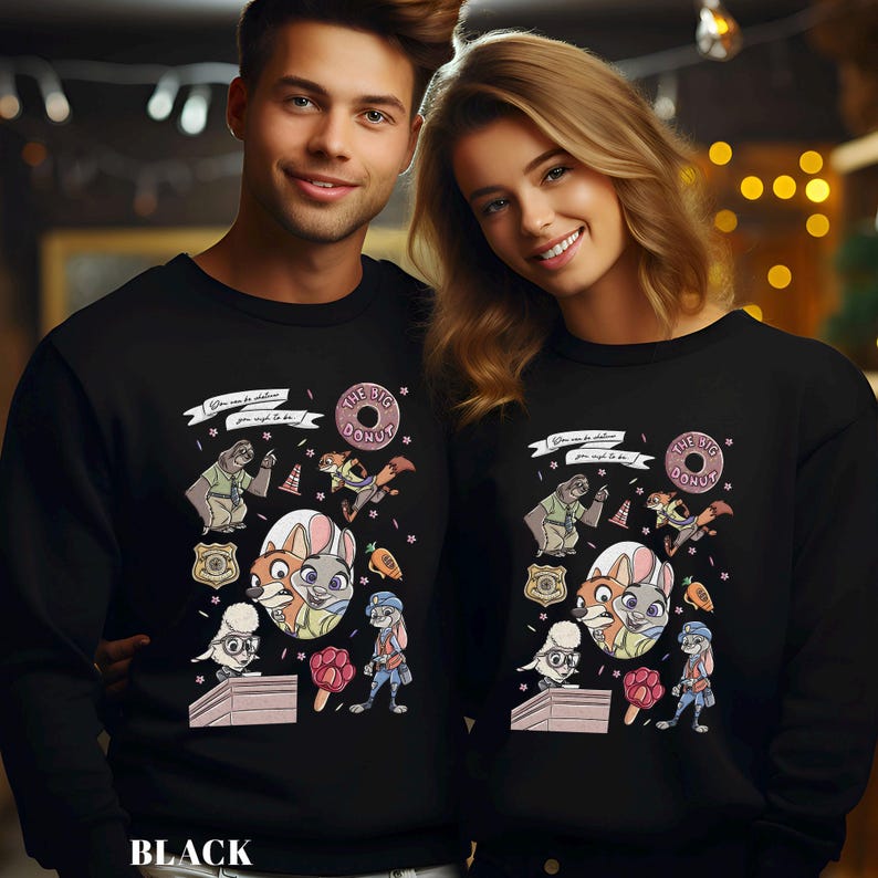 May include: Black sweatshirts featuring a colorful cartoon design with characters, a donut, and text. The design includes a bear, fox, rabbit, and other elements. The text reads "The Big Donut" and "You gotta do it."