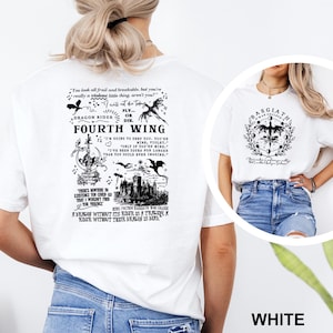 May include: White t-shirts with graphic designs. One shirt features the text "FOURTH WING" with dragon and castle illustrations. The other shirt displays a circular design with a dragon and the text "BASGIATH".