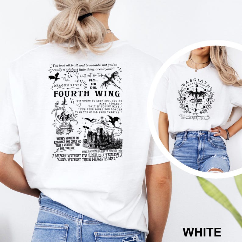 May include: White t-shirts with graphic designs. One shirt features the text "FOURTH WING" with dragon and castle illustrations. The other shirt displays a circular design with a dragon and the text "BASGIATH".