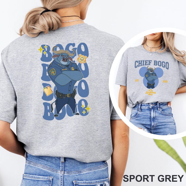 May include: Sport grey t-shirt featuring a cartoon illustration of Chief Bogo from Zootopia. The design includes the text "BOGO" vertically and the character in a police uniform. The front of the shirt has the text "CHIEF BOGO".