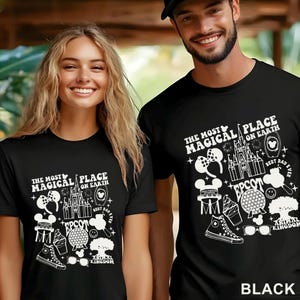 May include: Black t-shirts with a white graphic design featuring the text "THE MOST MAGICAL PLACE ON EARTH" and various Disney icons, including Mickey Mouse ears, a castle, and a globe. The word "EPCOT" is also visible.