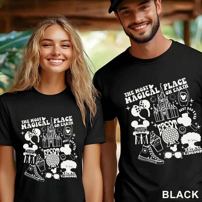 May include: Black t-shirts with a white graphic design featuring the text "THE MOST MAGICAL PLACE ON EARTH" and various Disney icons, including Mickey Mouse ears, a castle, and a globe. The word "EPCOT" is also visible.