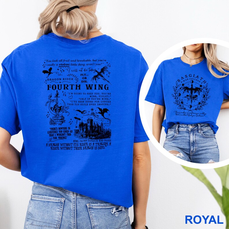 May include: Royal blue t-shirts with graphic designs. One shirt features the text "FOURTH WING" with dragon illustrations and quotes. The other shirt displays a circular design with a dragon and the text "BASGIATH WAR COLLEGE".