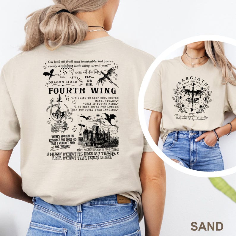 May include: Sand-colored t-shirts with graphic designs. One shirt features the text "FOURTH WING" with dragon and castle illustrations. The other shirt displays "BASGIATH WAR COLLEGE" with a dragon and moon phases. Both shirts have quotes.