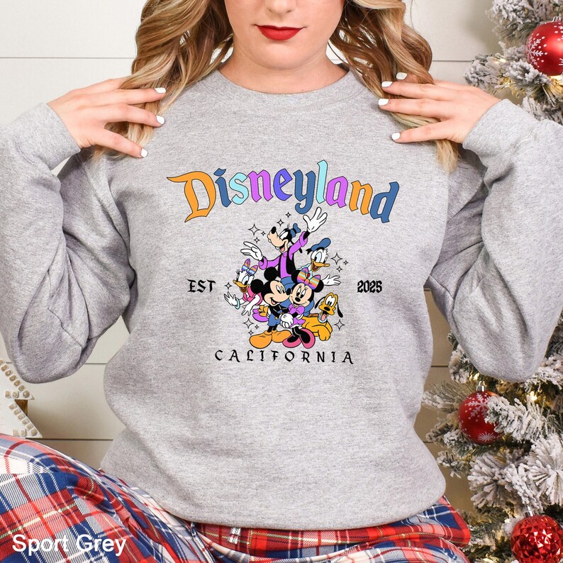 Puede incluir: Una sudadera gris con la palabra "Disneyland" en letras coloridas. Debajo, un dise&ntilde;o de personajes de Disney, incluyendo Mickey Mouse y Donald Duck. El texto "EST 2025 CALIFORNIA" tambi&eacute;n est&aacute; impreso en la sudadera.