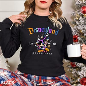Puede incluir: Sudadera negra de Disneyland con el logotipo multicolor de Disneyland y un gr&aacute;fico de Mickey Mouse, Minnie Mouse, Donald Duck y Goofy. El texto "EST 2025 CALIFORNIA" tambi&eacute;n est&aacute; impreso en la sudadera.