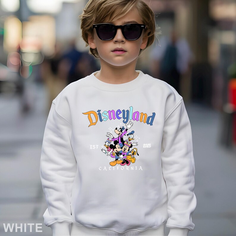 Puede incluir: Sudadera blanca con el logotipo de Disneyland en naranja y azul, y un gr&aacute;fico de Mickey Mouse, el Pato Donald y otros personajes. El texto "EST 2025 CALIFORNIA" tambi&eacute;n est&aacute; impreso.