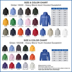 The image is a size and color chart for a Gildan 18500B - Heavy Blend Adult Hooded Sweatshirt. It displays various sizes and colors of the sweatshirt, including black, blue, green, orange, maroon, navy, orange, purple, red, royal, and sand. The chart provides measurements in inches for each size and color, allowing customers to choose the desired color and size.