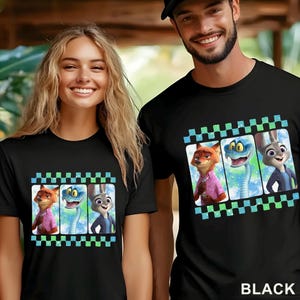 May include: Black t-shirts featuring a colorful graphic of three cartoon characters in a film strip design. The characters include a fox, a snake, and a rabbit. The word "BLACK" is printed at the bottom of the shirt.