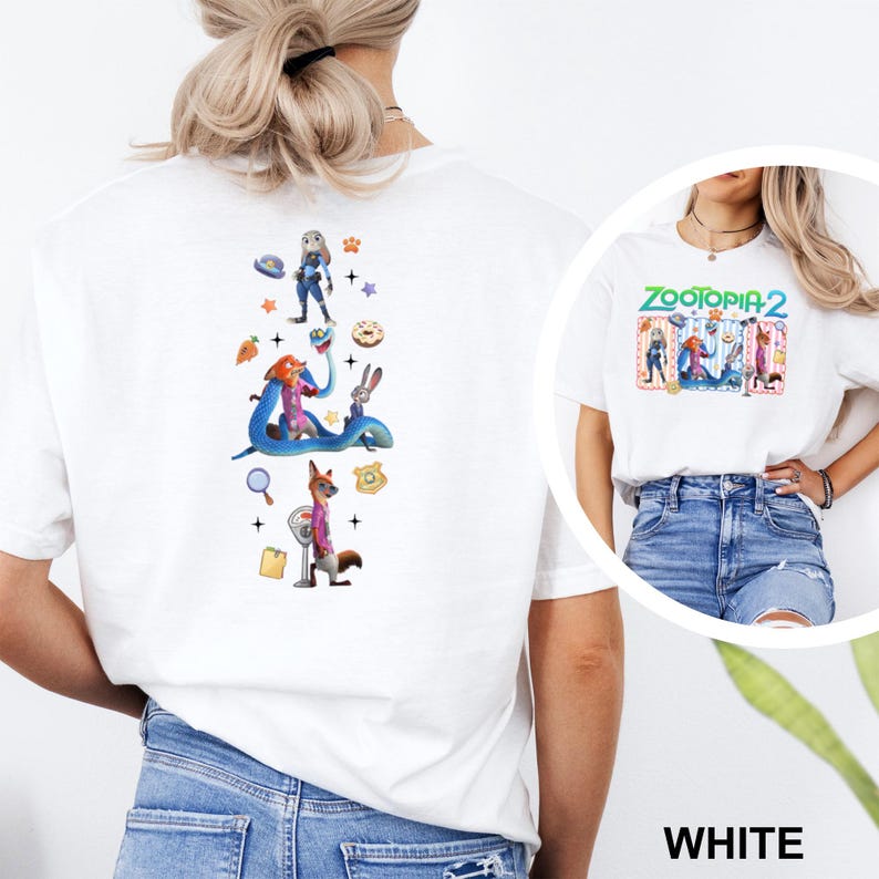 May include: White t-shirt with a vibrant graphic of Zootopia characters. The back showcases a vertical design with characters and icons. The front of the shirt displays the text "ZOOTOPIA 2".