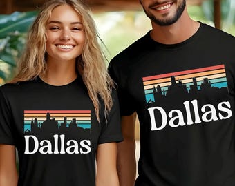 Dallas Skyline T-Shirt, Vintage Sunset City Graphic Tee, Unisex Black Shirt, 484596