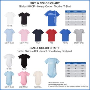 The image is a size and color chart for a Gildan 500p heavy cotton toddler t-shirt. It displays various color options and corresponding measurements for different age groups, including white, black, pink, navy, red, royal, and sport grey. The chart also includes a rabbit skins 4424 infant fine jersey bodysuit size and color chart.