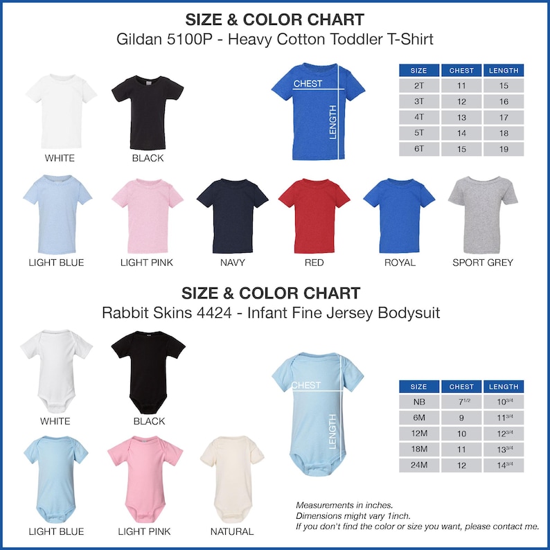 The image is a size and color chart for a Gildan 500p heavy cotton toddler t-shirt. It displays various color options and corresponding measurements for different age groups, including white, black, pink, navy, red, royal, and sport grey. The chart also includes a rabbit skins 4424 infant fine jersey bodysuit size and color chart.