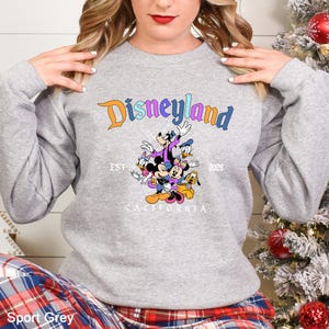 Puede incluir: Sudadera gris deportiva con el logotipo de Disneyland en naranja y morado, con un gr&aacute;fico de Mickey Mouse, Minnie Mouse, Donald Duck, Goofy y Pluto. El texto "EST 2025 CALIFORNIA" tambi&eacute;n est&aacute; impreso en la sudadera.