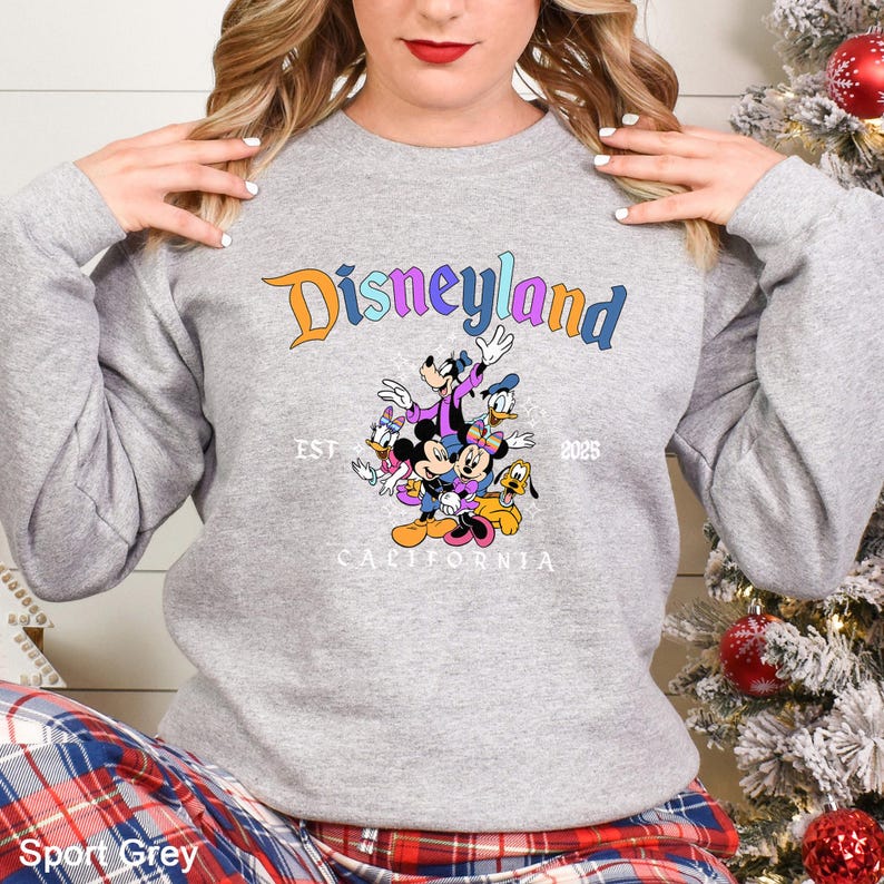 Puede incluir: Sudadera gris deportiva con el logotipo de Disneyland en naranja y morado, con un gr&aacute;fico de Mickey Mouse, Minnie Mouse, Donald Duck, Goofy y Pluto. El texto "EST 2025 CALIFORNIA" tambi&eacute;n est&aacute; impreso en la sudadera.
