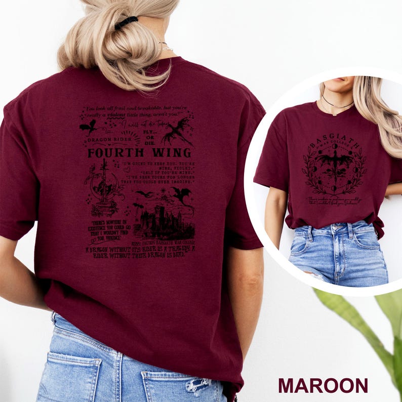 May include: Maroon t-shirts with graphic designs. One shirt features the text "Fourth Wing" with dragon illustrations and quotes. The other shirt displays "Basgiath War College" within a circular design. The word "MAROON" is at the bottom.