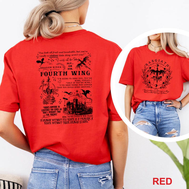 May include: Red t-shirts with black graphic designs. One shirt features text and illustrations related to "Fourth Wing" and "Dragon Rider." The other shirt displays a design with the text "Basgiath War College."