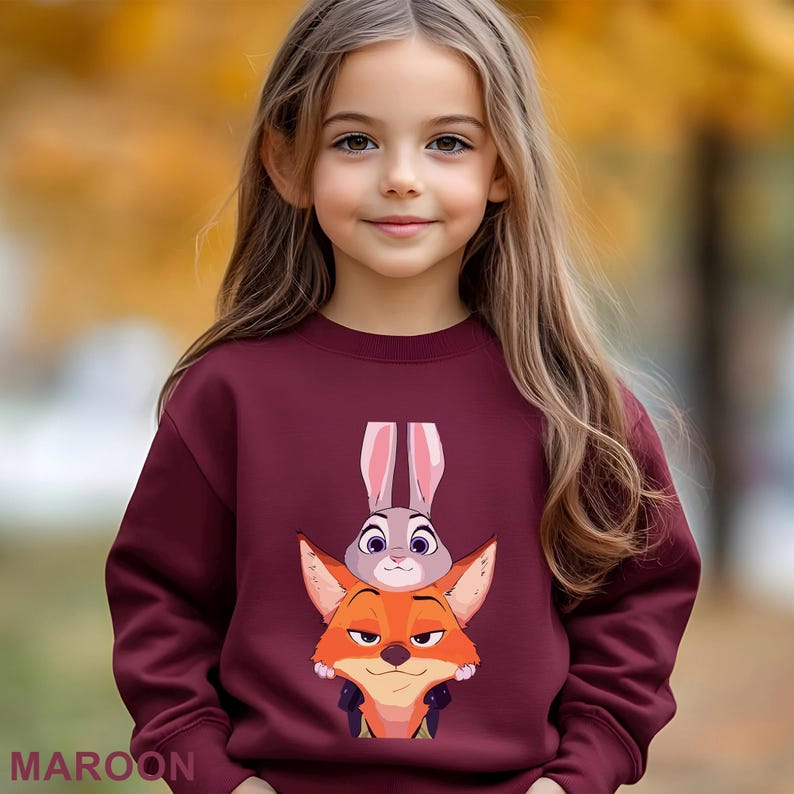 May include: Maroon sweatshirt featuring a cartoon image of a fox and a rabbit. The fox is orange and the rabbit is gray. The word "MAROON" is printed at the bottom of the sweatshirt. The sweatshirt is being worn by a young girl.