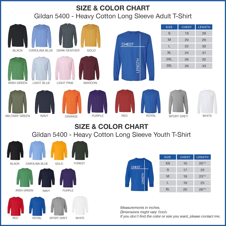 The image is a size and color chart for a Gildan 5400 - Heavy Cotton Long Sleeve Adult T-shirt. The chart displays various color options and corresponding measurements for different sizes, including chest, chest length, and length. The chart provides a visual representation of the shirt's size and color options, allowing customers to easily choose the desired size and color for their t-shirt.