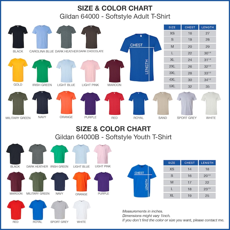 a chart showing the sizes and colors of a t - shirt