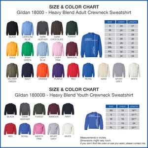 The image is a size and color chart for a Gildan 180000 - Heavy Blend Adult Crewneck Sweatshirt. It displays a variety of different colored shirts, including black, blue, green, orange, purple, red, and royal grey, along with their corresponding chest and shoulder measurements. The chart provides a visual representation of the different sizes available for the shirt, ranging from XS to XXL. The measurements are given in inches, and the chart includes a note that the dimensions might vary.